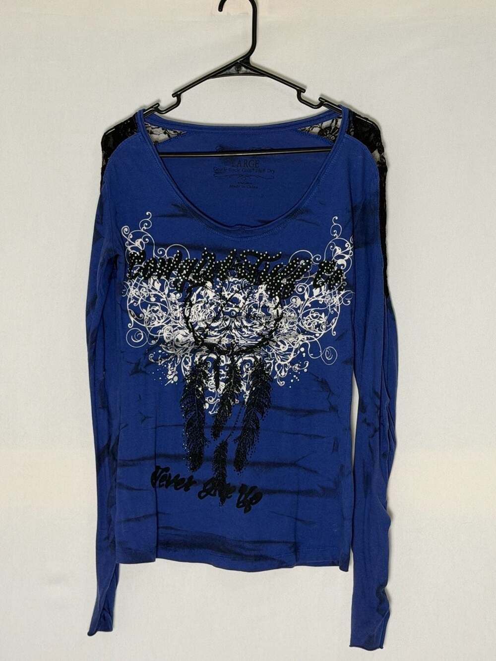 Cowgirl Tuff Long Sleeve Shirt Size Large Blue Never Give Up Rhinestone